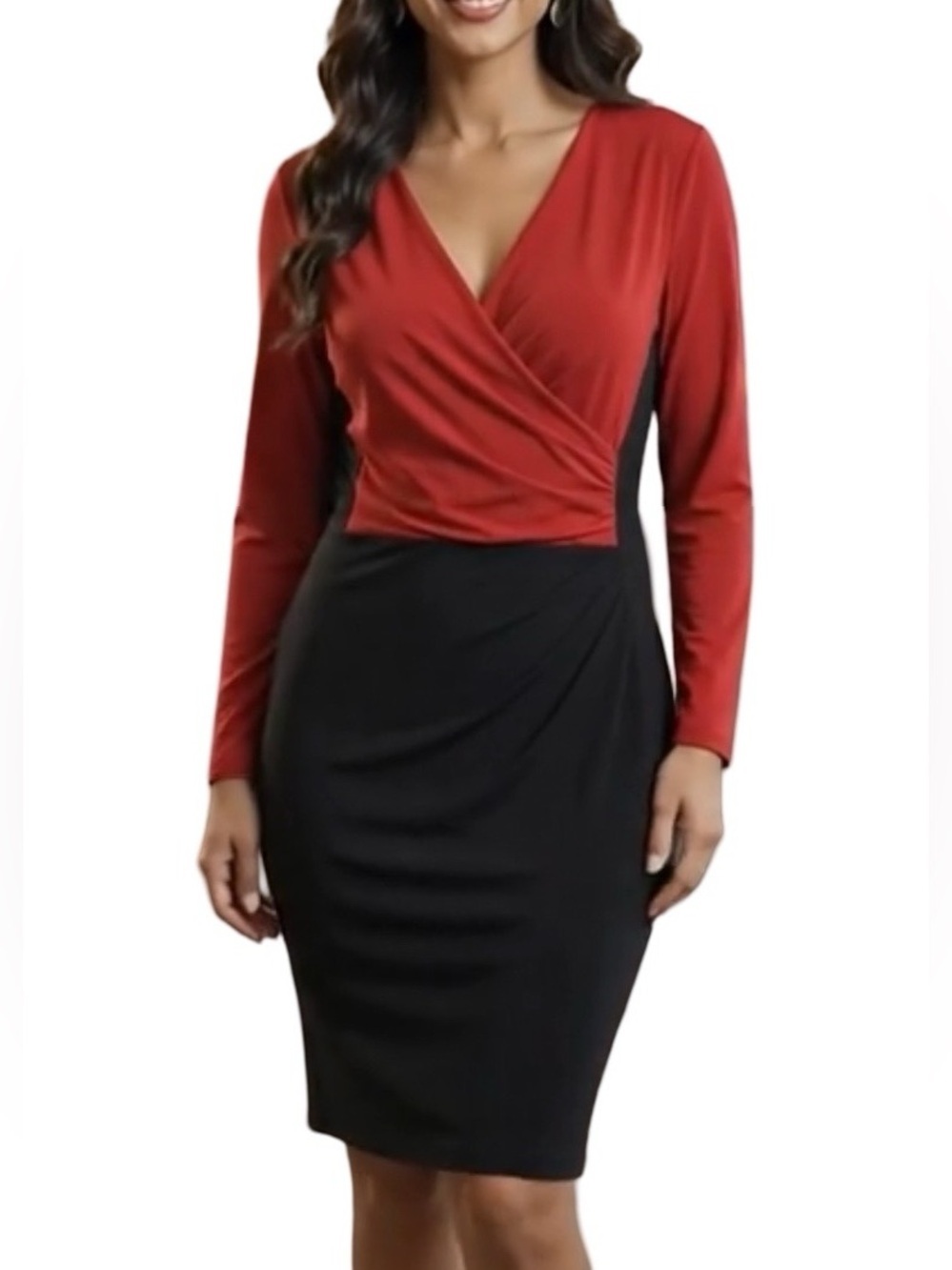 RALPH LAUREN Wrap Dress Ruching Long Sleeves Event Feminine Party Red Black 14